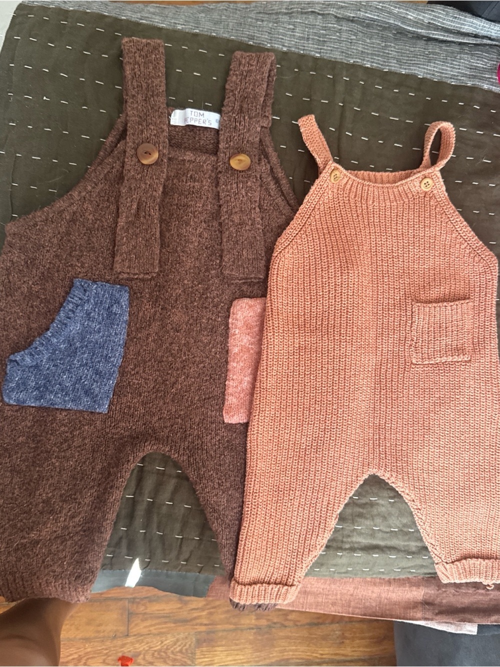 TOM PEPPERS Kids Knit Overalls in Brown and Peach with Pocket Detail